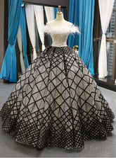 Black And White Ball Gown Off The Shoulder Lace Beading Haute Couture Prom Dresses With Feather